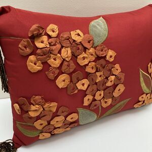 Pier 1 Boho Pillow Red Satin Ribbon Appliqué Floral Embroidered Beaded tassels